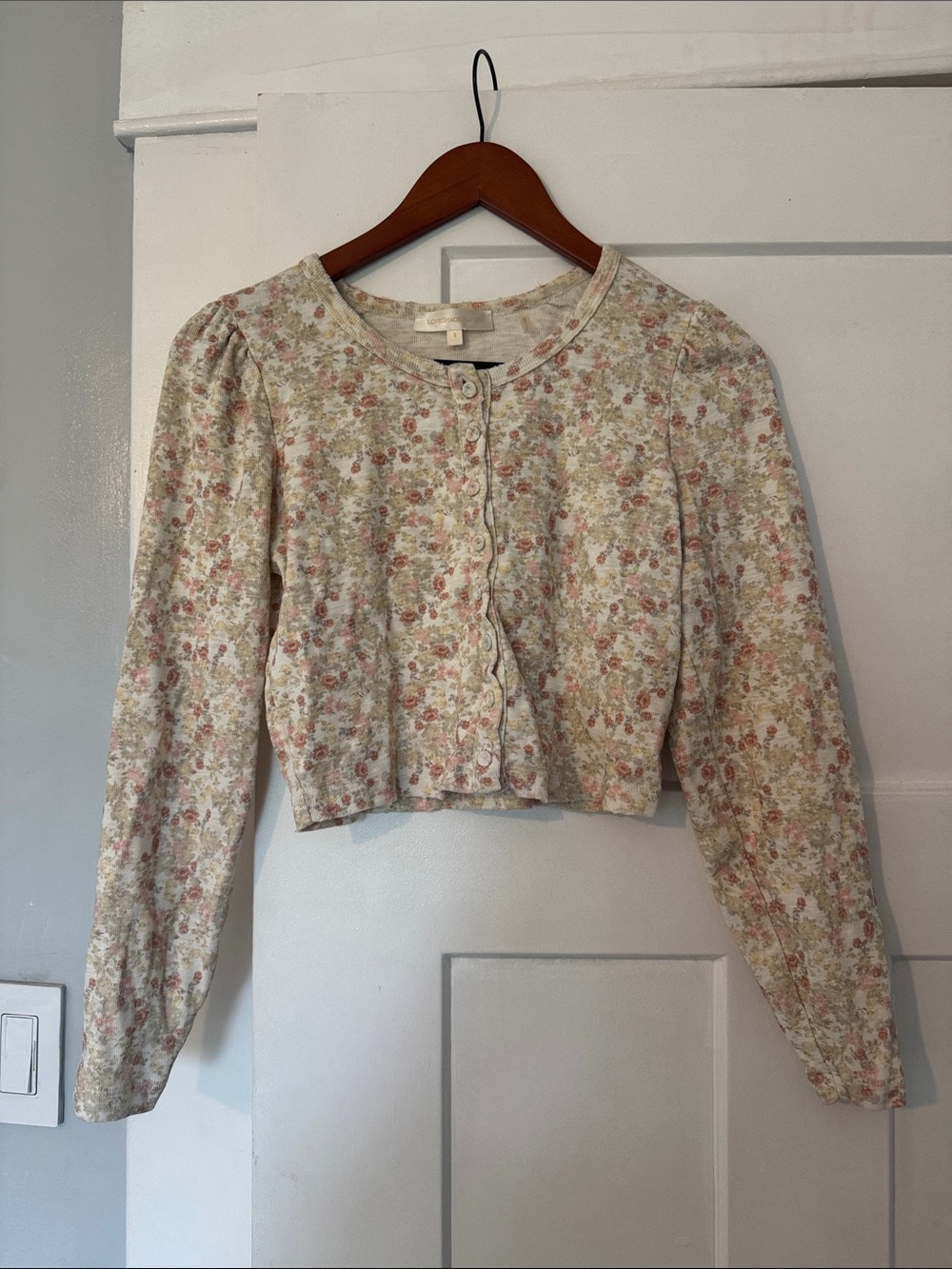 LoveShackFancy Cream and Pink Floral Cropped Cardigan